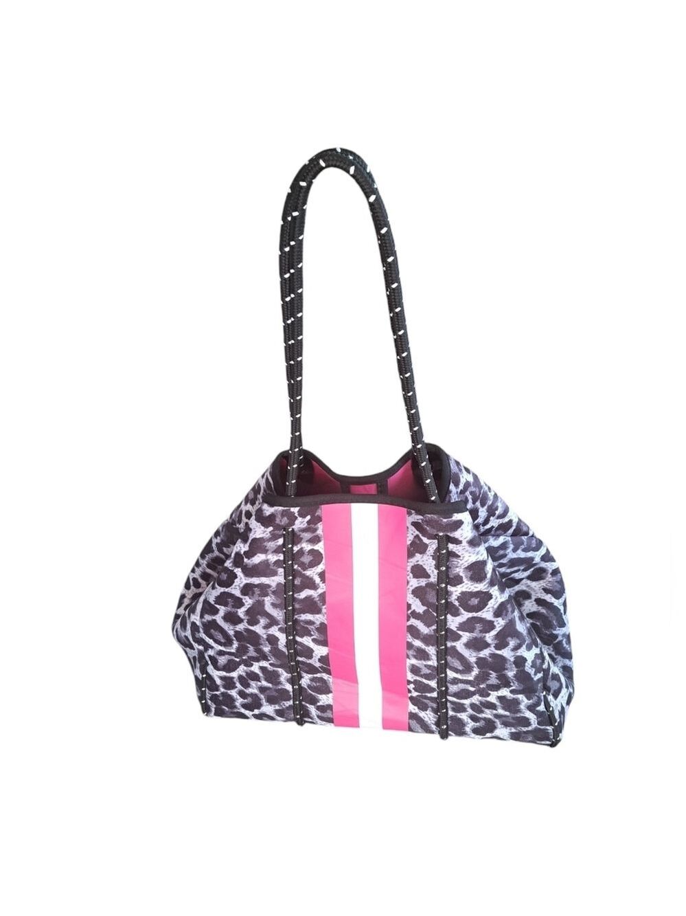 Leopard print NEOPRENE carry all tote travel pink white stripe coastal beach XL